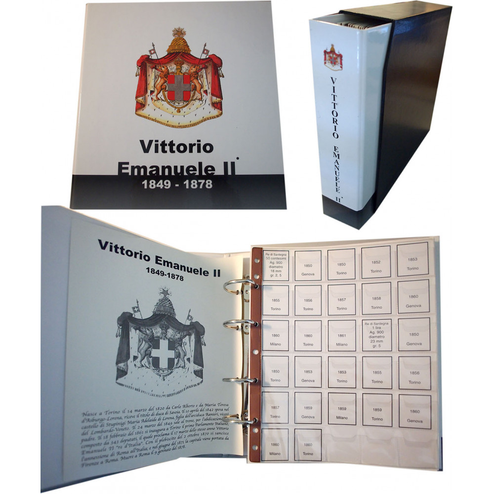 Raccoglitore a 4 anelli per tutte le monete di Vittorio Emanuele II 1849 -  1878- Raccoglitore a 4 anelli per tutte le monete di Vittorio Eman