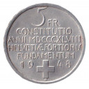 Svizzera. 5 FRANCHI Commemorativi 1948 100° Costituzione Argento