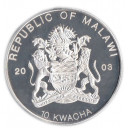 REPUBLIC OF MALAWI  10 KWACHA  2003 ANTILOPE BLESBOK ARGENTO PROOF
