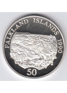 Falkland Islands 50 Pence Argento Fondo Specchio 1990 km# 26a   