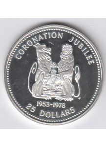 BELIZE 25$ Dollari 1978 Coronation Giubileo Regina Elizabeth Argento Fondo Specchio