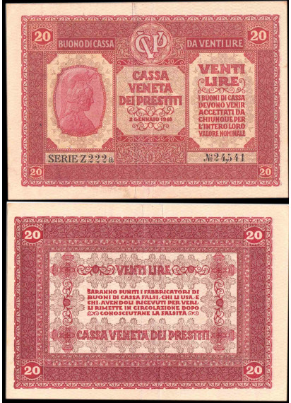 Occupazione Austro-Tedesca 20 Lire Buono di Cassa Veneta 1918 Q/Spl