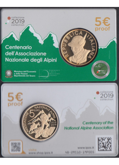 2019 - ITALIA 5 Euro I Cent dell'Associazione degli Alpini Coincard PROOF