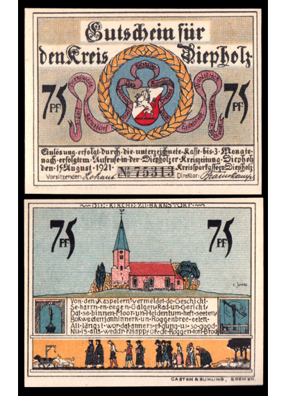 GERMANIA Notgeld 75 pfennig 1921 Diepholz - Bassa Sassonia FDS