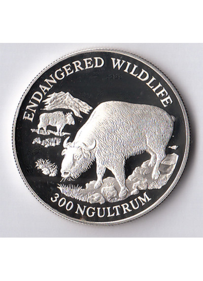 BHUTAN 300 NGULTRUMS 1993 Argento fondo specchio fauna in via di estinzione