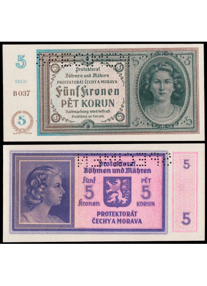 BOHEMIA & MORAVIA 5 Korun 1942 SPECIMEN Fds Rara