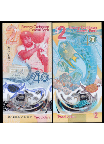 EAST CARIBBEAN 2 Dollars 2024 40th P 61 Polymer Fds
