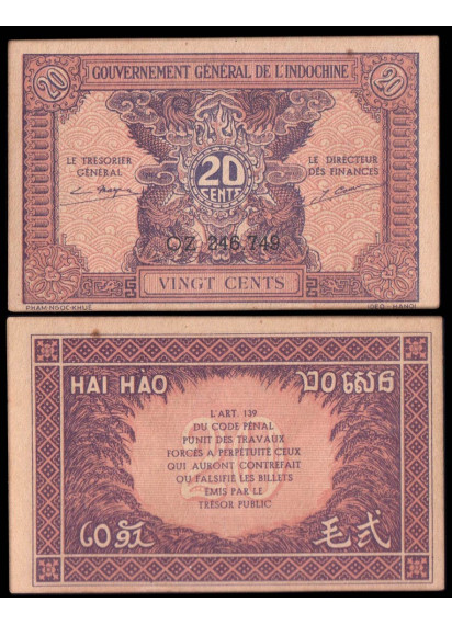 INDOCINA FRANCESE 20 Cents 1942 Splendida
