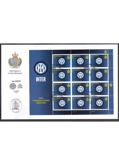 2021  - Bustone con foglietto intero 12 val. Inter campione D'Italia 2020 -2021  annullo speciale primo giorno