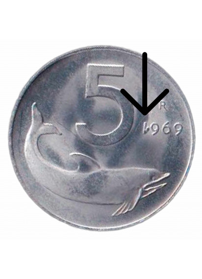 5 LIRE delfino 1969 1 ROVESCIATO FDC RARO 