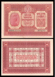 Cassa Veneta dei Prestiti Buono di Cassa 20 Lire 1918 Quadi Superba