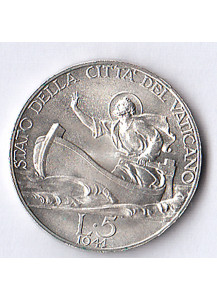 1941 - Lire 5 Argento Pio XII Fior di Conio