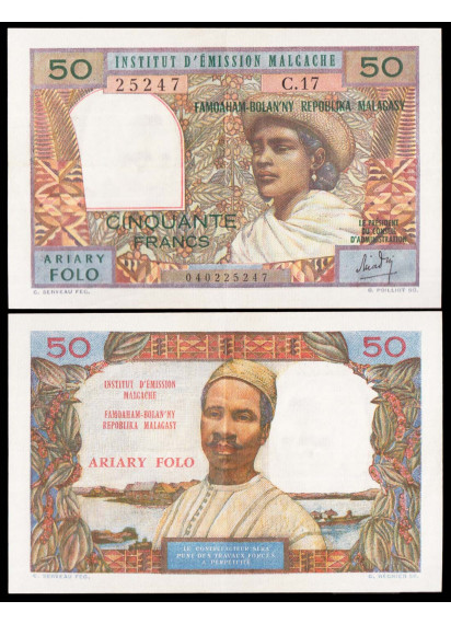 MADAGASCAR 50 Francs 10 Ariary 1969 Quasi Fior di Stampa Rara