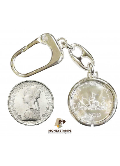 Portachiavi placcato in argento per Lire 500 Caravelle e Centenario  diametro 29,2 - 29,5